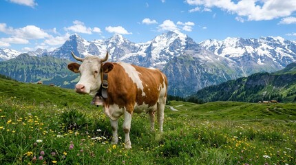 Naklejka premium A Majestic Spotted Cow Grazing in a Lush Alpine Meadow Beneath the Snow-Capped Peaks of the Swiss Mountains, Capturing the Serene Essence of Rural Pastoral Life in the Heart of Europe.