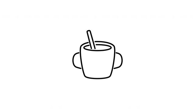 Minimalist outline animation of baby sippy cup toddler drink icon drawing on and fading out. Includes 3 color variations: black on white, white on black, and white on green screen.