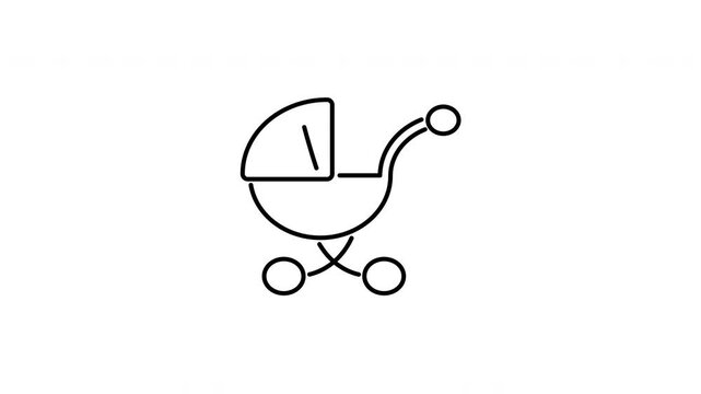 Minimalist outline animation of baby stroller pram carriage icon drawing on and fading out. Includes 3 color variations: black on white, white on black, and white on green screen.