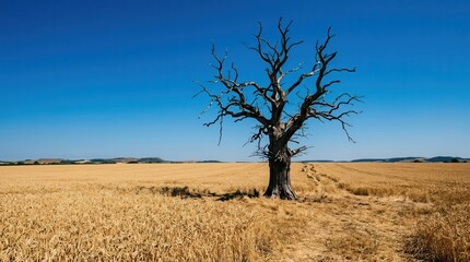 Fototapeta premium A Solitary Withered Tree Standing Amidst a Vast Golden Harvest Field Under a Clear Azure Sky, Evoking Themes of Nature, Drought, and the Quiet Beauty of the Rural Landscape.