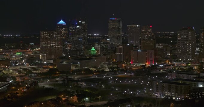Tampa Florida Aerial v58 birdseye down shot of streets and high rise buildings at night - DJI Inspire 2, X7, 6k - March 2020