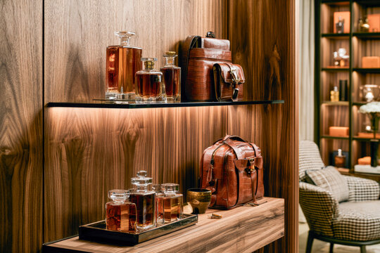 Luxury Wooden Home Bar with Whiskey Bottles and Travel Accessories