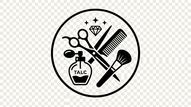 Circular barber shop emblem with scissors and grooming tools.