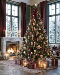 Fototapeta premium Luxury Christmas Tree by Fireplace with Gifts and Candles