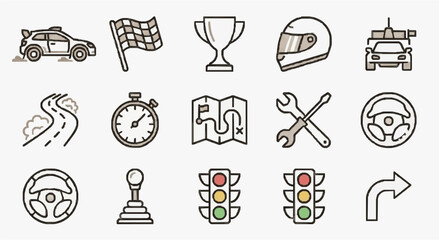 Professional Minimalist Line Drawing Icons Set Featuring Racing Police Traffic and Car Maintenance Elements in Monochrome © Sita
