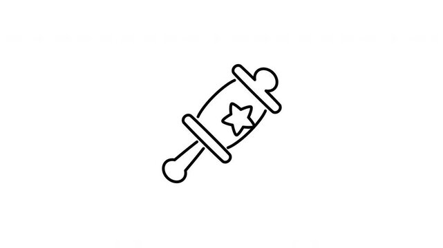 Minimalist outline animation of baby rattle plastic toy icon drawing on and fading out. Includes 3 color variations: black on white, white on black, and white on green screen.