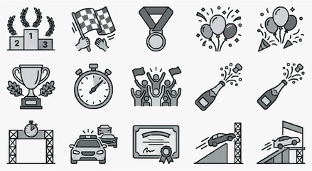 Industrial Style Icons Showcasing Monochrome Celebration Racing and Achievement Symbols with high quality professional line art symbols for modern creative design and digital branding projects © Sita