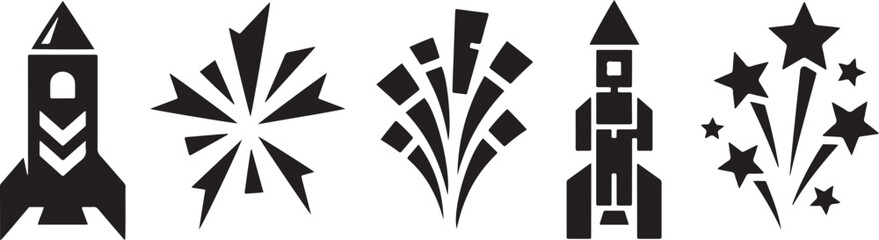 Black Geometric Rocket Ship and Firework Icons Set with Starburst and Explosion Shapes Isolated on White Background © SARIYA