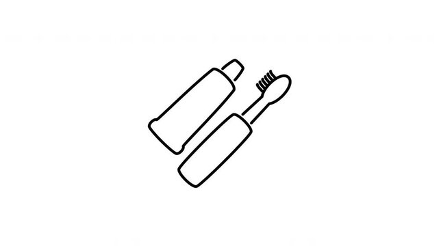 Minimalist outline animation of toothbrush and toothpaste dental care icon drawing on and fading out. Includes 3 color variations: black on white, white on black, and white on green screen.