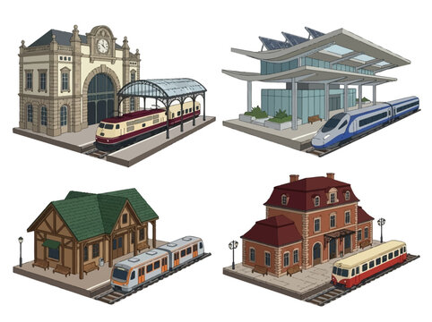 Railway station collection featuring diverse architectural styles of train buildings with modern and vintage passenger trains on white background