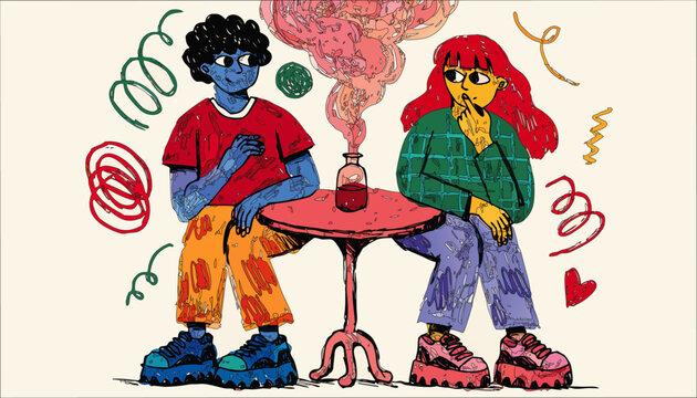 Stylized modern couple on a date with a magic potion, exploring chemistry and emotional connection