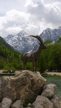 Bronze Statue of Zlatorog Goldhorn at Lake Jasna Slovenia, Triglav National Park