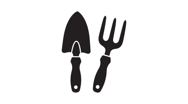 Garden Trowel And Fork Silhouette Against White Background