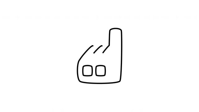 Minimalist outline animation of industrial factory plant chimney icon drawing on and fading out. Includes 3 color variations: black on white, white on black, and white on green screen.