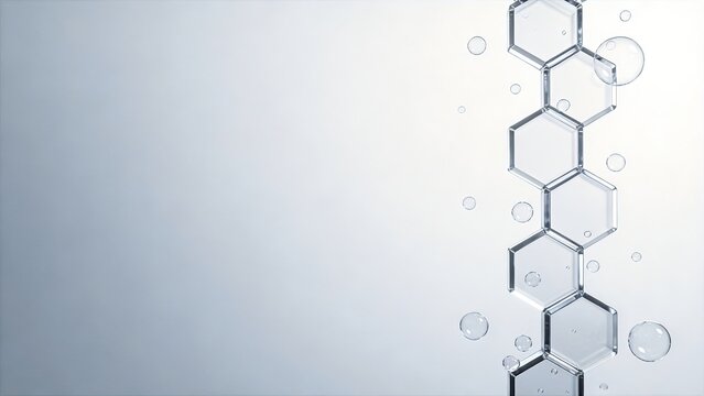 Minimal light grey background transparent hexagonal molecular structure with water bubbles, blank space skincare biotech chemistry concept graphic