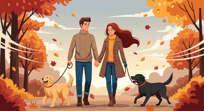 Autumn couple walking dogs, hand in hand, fall leaves, romantic outdoor scene, vector illustration