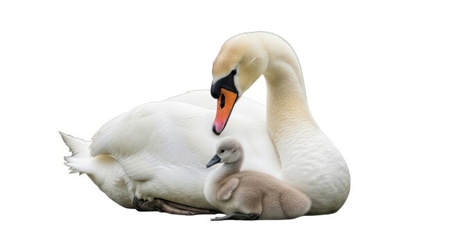 Beautiful Adult Mute Swan With Fluffy Grey Cygnet Baby Isolated On Pure White Background For Wildlife Conservation And Gentle Nature Conceptual Design