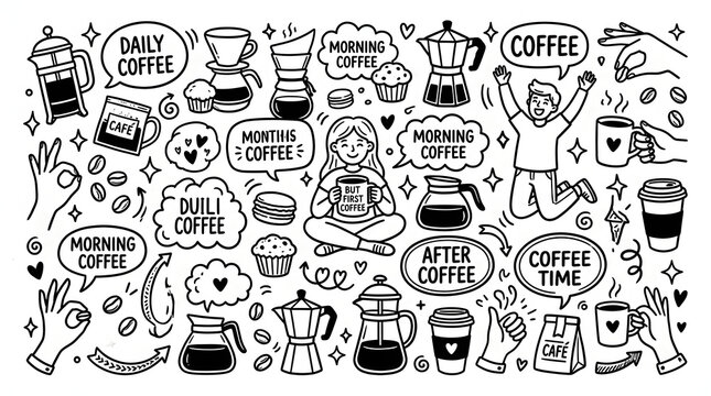 Coffee Doodle Collage: A delightful black and white doodle collage celebrating the universal love for coffee, featuring various brewing methods, coffee cups, happy faces, and inspirational phrases.