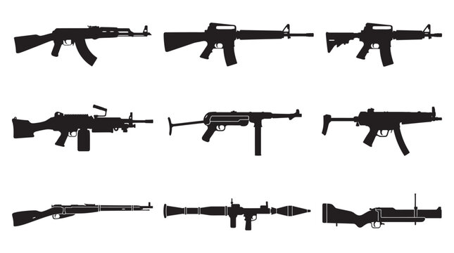Assortment Of Firearms Silhouettes In Black Against White Background Silhouette