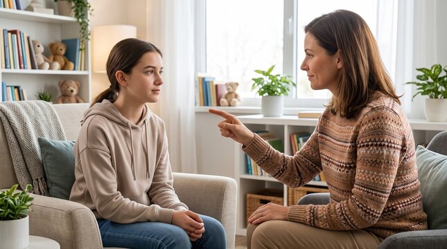 Female therapist conducting EMDR trauma recovery session with a teenage girl in cozy office
