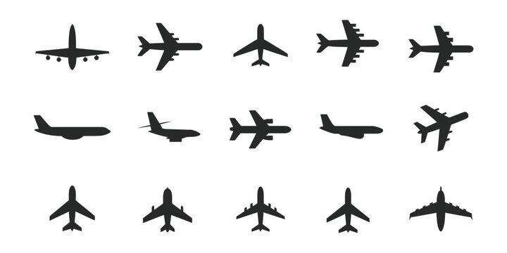 Airplane icon set, displaying profile and top view jet silhouettes, aircraft variations, aviation design, flight transportation