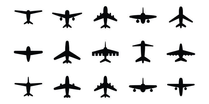 Airplane icon set, displaying profile and top view jet silhouettes, aircraft variations, aviation design, flight transportation