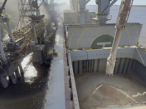 argo ship load wheat in bulk to hold. grain terminal of sea port. grain dust.