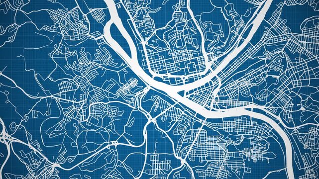 Ink reveal animation of Pittsburgh city, Pennsylvania (PA), United States of America, grid map. Aerial top view. Blueprint style. White lines with blue background. 4K Seamless loop.