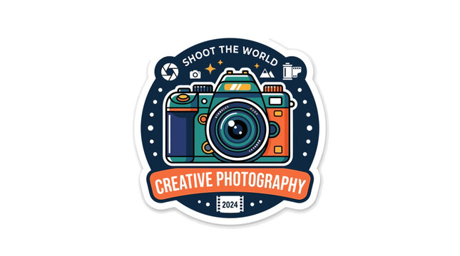 Creative photography sticker, colorful camera icon, photography badge, vector graphic
