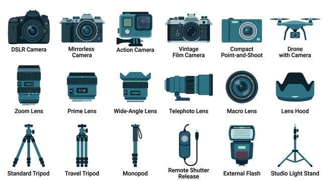 Camera equipment icons, photography tools, DSLR accessories, 25 camera parts