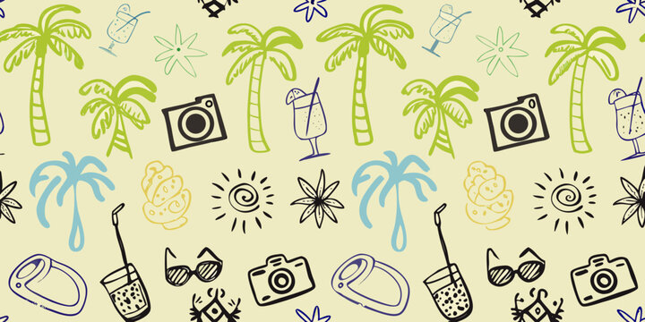 Tropical vacation themed pattern with palm trees and beach objects