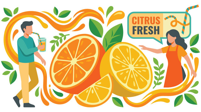 Citrus fresh concept with man and woman enjoying healthy orange juice drink.