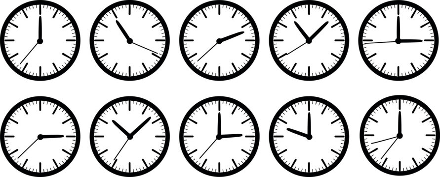 Set of flat wall clock icons showing different times isolated on white background vector illustration template banner