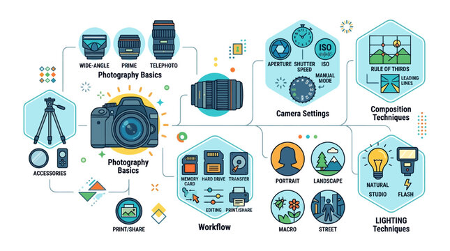 Photography, Camera Settings, Lighting Techniques, Workflow Icons, Vector Graphics