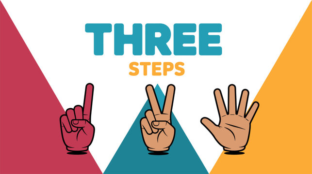 Three steps business infographic concept with hand gestures showing one two and five fingers vector illustration banner