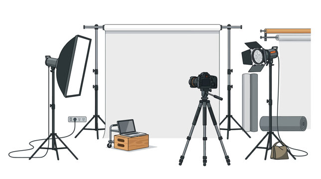 Professional photography studio equipment, lighting setup, backdrop stands, camera on tripod, photography tools