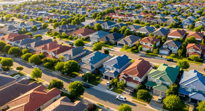 Aerial view of suburban neighborhood with colorful roofs | Residential housing development and real estate market | Sustainable urban planning and family architecture | Suburb property investment