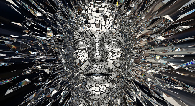Abstract shattered mirror face exploding into glass fragments | Concept of mental health crisis and psychological breakdown | Digital human identity in a fragmented virtual world | Surreal art