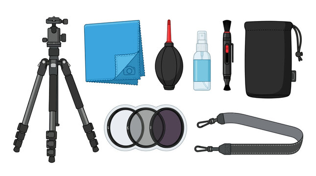 Camera accessories, photography equipment, tripod, lenses, cleaning kit, photography tools, gear