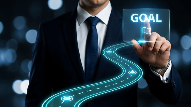 Businessman pointing at digital roadmap towards business goal success