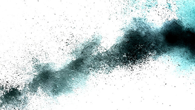 Dynamic abstract explosion of teal and black powder creating a powerful energy burst with fine particulate matter scattering in motion against a clean white backdrop
