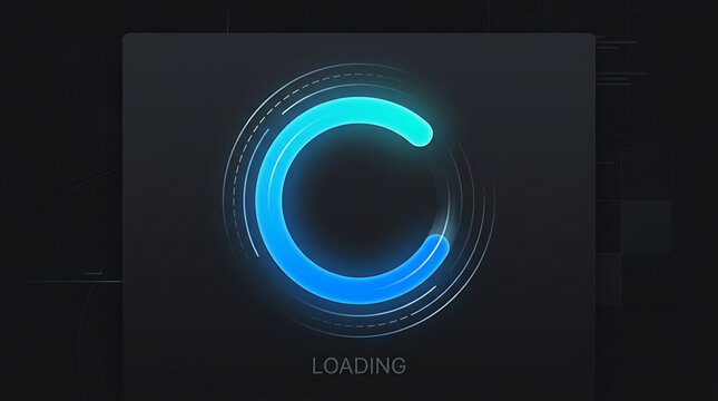 Glowing blue loading icon on dark background with circular progress bar