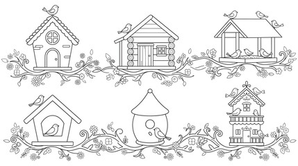 Fototapeta premium Birdhouse collection coloring page for kids with floral branch decor.