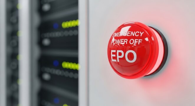Close up of a red emergency power off button EPO on a control panel.