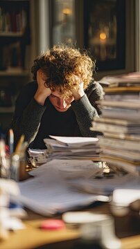 Curly haired young man holding head at desk, stacks of documents and books on table, warm study backdrop, stress burnout overload study work realistic graphic