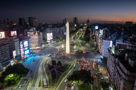 Aerial view of the Obelisk in Buenos Aires, Argentina at night.
