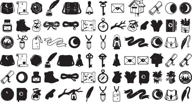Hand Drawn Forest Adventure and Magic Messenger Vector Icons Set. Cute Cottagecore, Scroll, Compass, Map, Lantern, Crystal, and Whimsical Doodle Graphics on White Background.