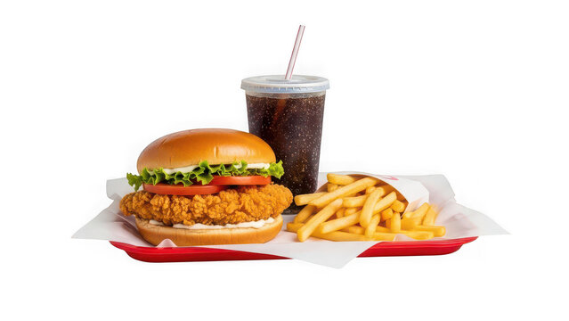 Fast food combo meal with a crispy chicken sandwich, french fries, and a soda drink on a red tray isolated on transparent background