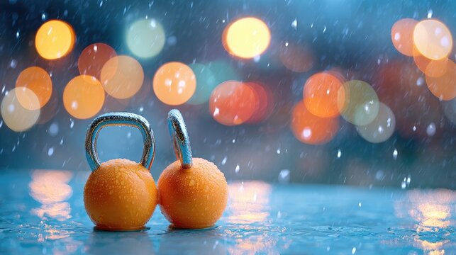 Two orange kettlebells glisten with water drops in the rain