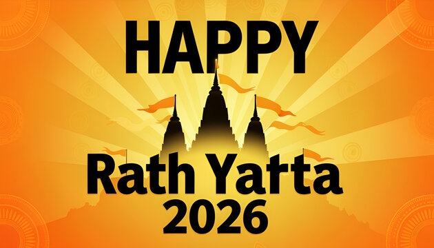happy rath yatra 2026 greeting typography with temple dome outline sun and small flag icons